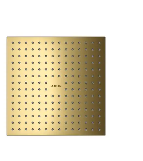 Kopfbrause in glänzendem Gold mit gleichmäßig verteilten Düsen. Markenname "AXOR" auf der Oberfläche sichtbar. Flaches, quadratisches Design.